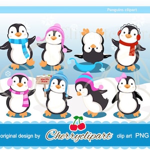 Lindos pingüinos juguetones, clipart digital para uso personal y comercial, manualidades con papel, fabricación de tarjetas, álbumes de recortes y diseño web