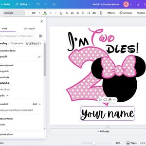 May include: A pink and black Minnie Mouse themed design with the text "I'm Two DLES!" and a space for a name. The design is perfect for a birthday party.