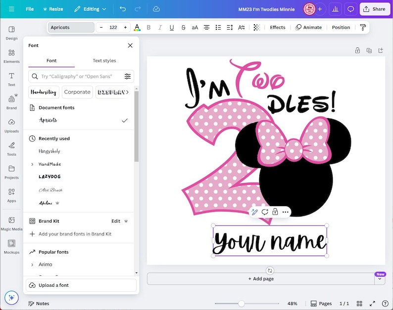 May include: A pink and black Minnie Mouse themed design with the text "I'm Two DLES!" and a space for a name. The design is perfect for a birthday party.