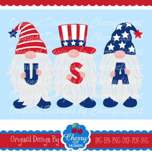 Svg de gnomes patriotiques du 4 juillet, trio de gnomes des États-Unis, Silhouette de la fête de l'indépendance et fichiers de coupe Cricut, clipart Gnome JULY33