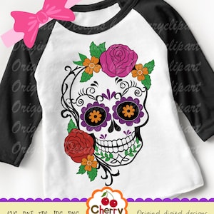 Halloween Sugar Skull with Roses, Day of the Dead svg Silhouette & Cricut Cut Files,Skull clip art, T-Shirt, Iron on, Transfer DIGIHL80