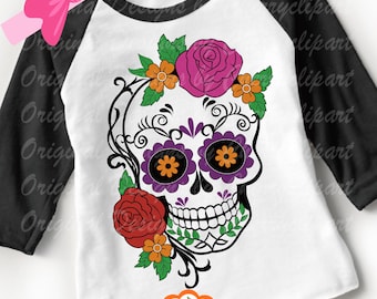 Halloween Sugar Skull with Roses, Day of the Dead svg Silhouette & Cricut Cut Files,Skull clip art, T-Shirt, Iron on, Transfer DIGIHL80