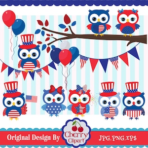 4th of July Cute Owls Digital Clip Art Set 02 -Patriotic Owls Clip Art-Personal and Commercial Use