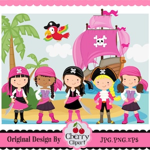 May include: Five cartoon pirate girls wearing pink and black outfits with swords and bandanas. The girls are standing in front of a pink pirate ship with a skull and crossbones on the sail. The background is a blue ocean with a palm tree.