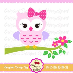 Owl svg, Sweet owl with bow, girly owl on a branch svg, Silhouette & Cricut Cut Files, owl clip art AN202