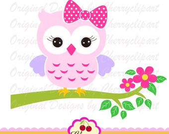 Owl svg, Sweet owl with bow, girly owl on a branch svg, Silhouette & Cricut Cut Files, owl clip art AN202
