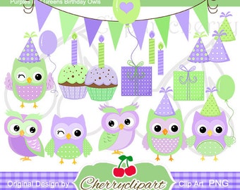 Purples and Greens Birthday Owls Digital Clipart Set for-Personal and Commercial Use- for Card Design, Scrapbooking, and Web Design