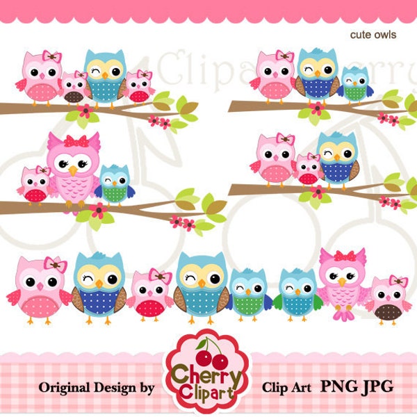 Happy family owls digital clipart set for-Personal and Commercial Use-Card Design, Scrapbooking, and Web Design