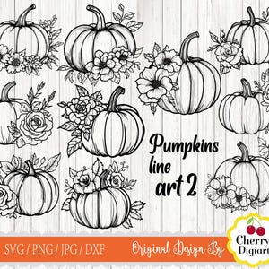 May include: Black and white line art of pumpkins with floral arrangements. The image includes various pumpkin designs, each adorned with flowers and leaves. Text reads "Pumpkins line art 2" and "Original Design By Cherry Digiart."