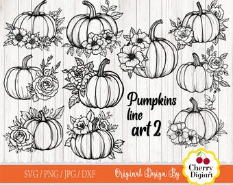 Thanksgiving Pumpkins Line Art, Floral Decor (svg, png, jpg, dxf)