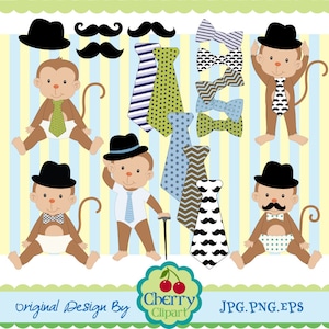 Little Man Monkeys-Ties and Mustaches PNG digital clipart set- matching papers-Personal and Commercial Use