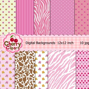 Pretty Pink Girly Jungle Animals matching papers pack  for Card Design, Scrapbooking, and Web Design