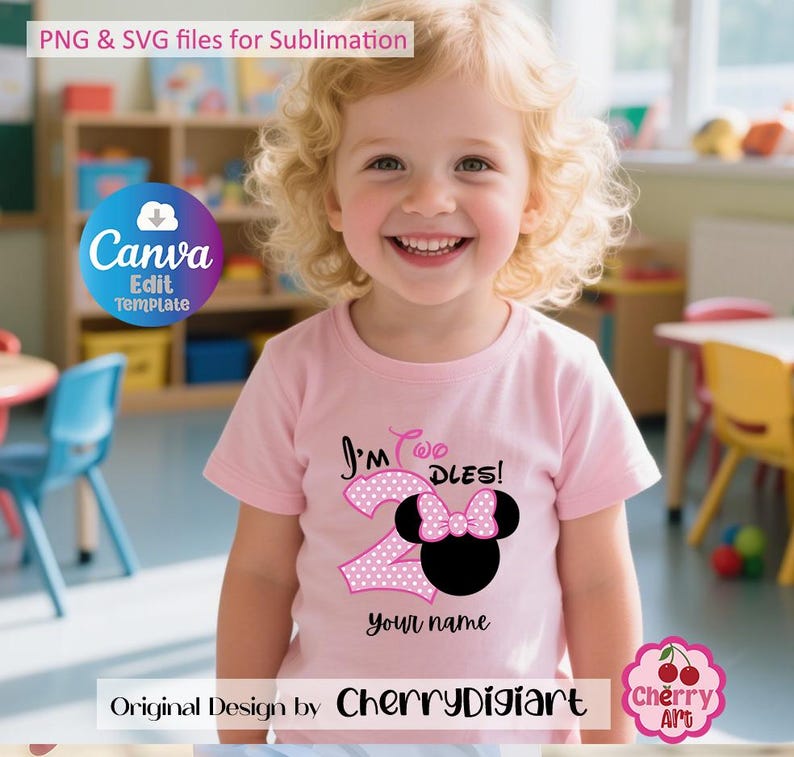 May include: A pink t-shirt with a pink and white polka dot number 2 and a black and pink Minnie Mouse head with a bow. The text "I'm Too DLES!" is above the number and "Your name" is below the number. The shirt is being worn by a young girl with curly blonde hair.