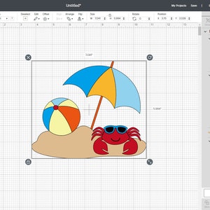 May include: A red crab with sunglasses is sitting on a beach with a yellow and blue beach ball and a blue and yellow beach umbrella.