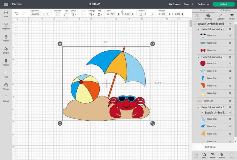 May include: A red crab with sunglasses is sitting on a beach with a yellow and blue beach ball and a blue and yellow beach umbrella.