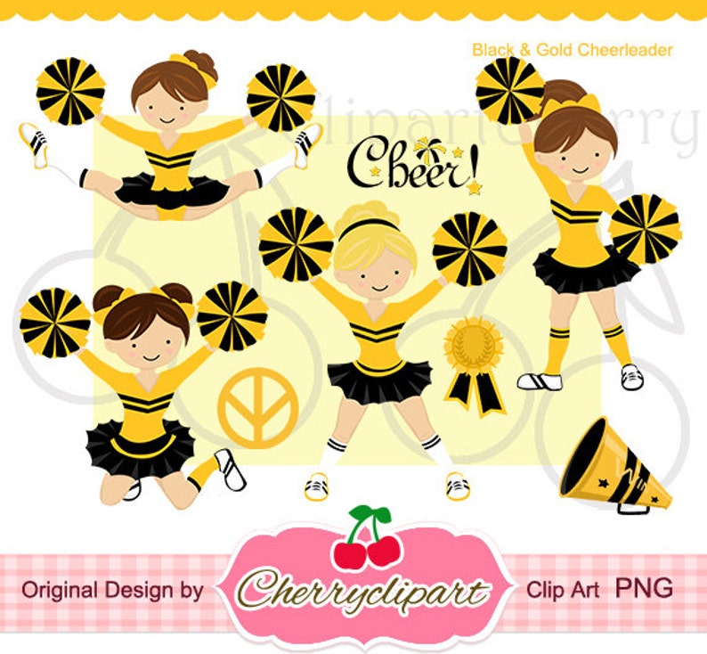 Black and Gold Cheerleader Digital Clipart Set for -Personal and Commercial...