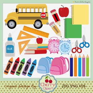 Back to School Clipart Set: School Bus, Apple, Backpack (Digital Download)