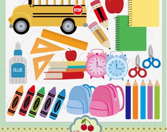 Back to School Clipart Set: School Bus, Apple, Backpack (Digital Download)