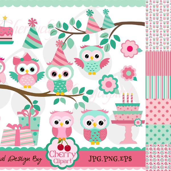 Birthday Owls digital clipart and digital papers set -Pink and Teal