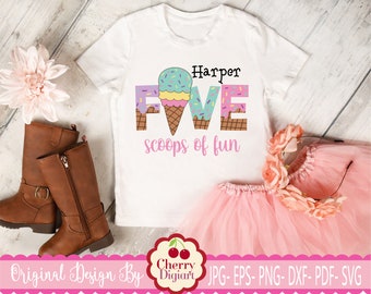 May include: White t-shirt with an ice cream cone graphic and the text "Harper FIVE scoops of fun." The design features pastel colors and a playful font. Brown boots and a pink tutu are next to the shirt.