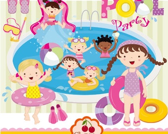 Pool Party Girls Clipart Set: Summer Swim Theme (Digital Download)