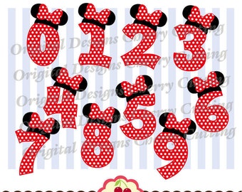 Numery urodzinowe Myszki Minnie od 0 do 9 w formacie PNG SVG do sublimacji i wycinania (pobieranie cyfrowe)