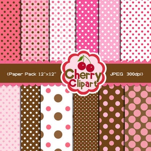 Pink and Brown Polka Dots Papers Pack for scrapbooking, invites, tags, cards, paper craft, stationary, photo cards