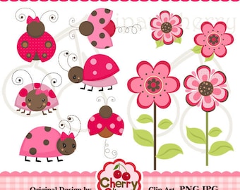 Pink and brown ladybugs flowers digital clipart set for-Personal and Commercial Use-paper crafts,card making,scrapbooking,web design