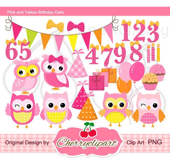 Birthday Owls Clipart Set: Pink & Yellow Graphics (Digital Download)