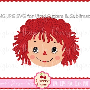 May include: Red-haired rag doll face with a smiling expression. The doll has large black eyes, a small red nose, and a red mouth. The doll's hair is red and curly.