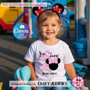 May include: A white t-shirt with a pink and white number two and a black and pink Minnie Mouse head with the text "I'm Two DLES!" and "Your name".