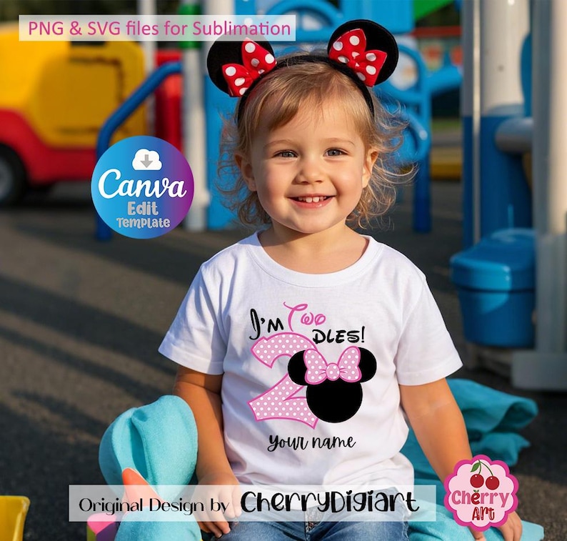 May include: A white t-shirt with a pink and white number two and a black and pink Minnie Mouse head with the text "I'm Two DLES!" and "Your name".