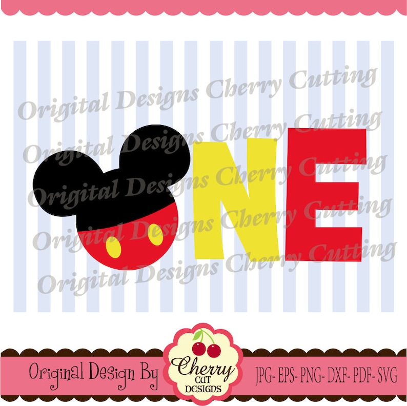 May include: A digital cut file design featuring Mickey Mouse ears and the word "ONE" in red, yellow, and black. The design is perfect for a first birthday party.