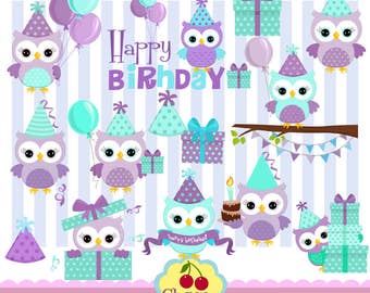 Purple and teal owl birthday set, Birthday Owls,Birthday Digital Clipart Set-Personal and Commercial Use