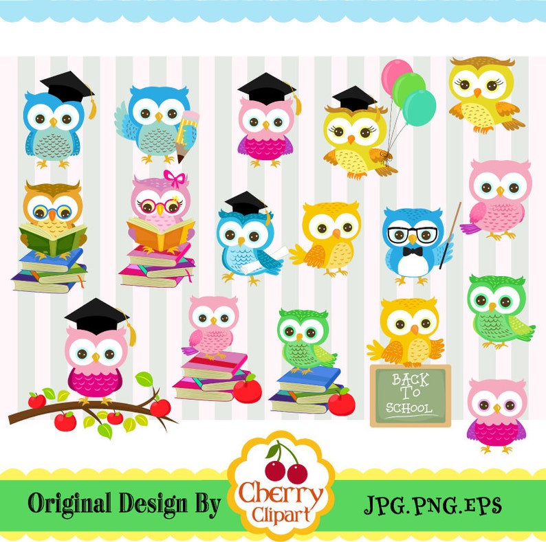 School Owls Clip Art Set, Graduation Owls, Cute PNG JPG EPS (digital ...