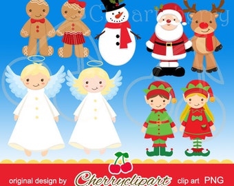 May include: A set of ten Christmas character clip art images. The characters include a gingerbread person, a snowman, Santa Claus, a reindeer, two angels, and two elves. The characters are all in a cartoon style and are brightly colored.