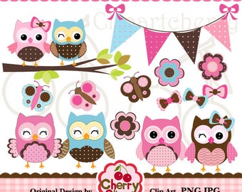 Pink blue brown cute owls and butterflies digital clipart set for-Personal and Commercial Use-Card Design, Scrapbooking, and Web Design