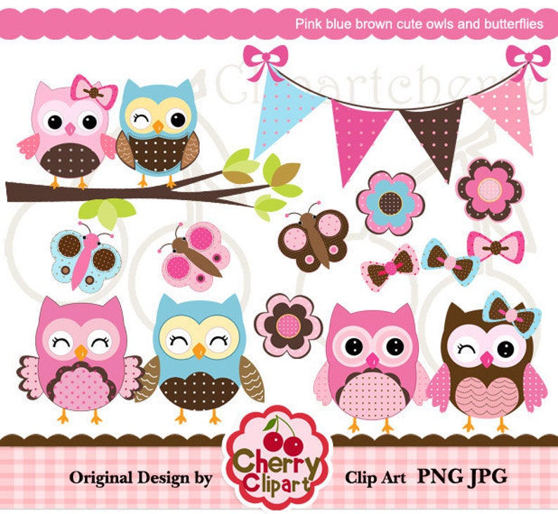 Pink blue brown cute owls and butterflies digital clipart set for-Personal and Commercial Use-Card Design, Scrapbooking, and Web Design image 1