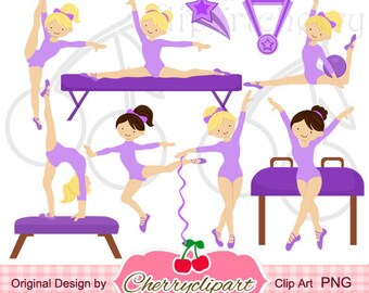 Paarse gymnastiek meisjes digitale clipartset voor persoonlijk en commercieel gebruik: knutselen, kaarten maken, scrapbooking, webdesign