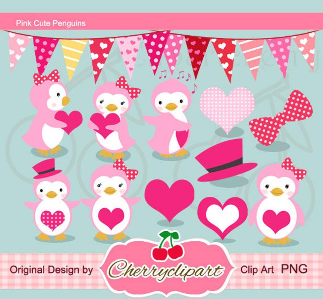 Pink Cute Penguins Digital Clipart Set For-personal and Commercial Use ...