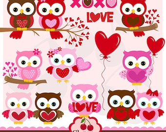 Valentine's Day Sweet Owls digital clipart set-Personal and Commercial Use-paper crafts,card making,scrapbooking,web design