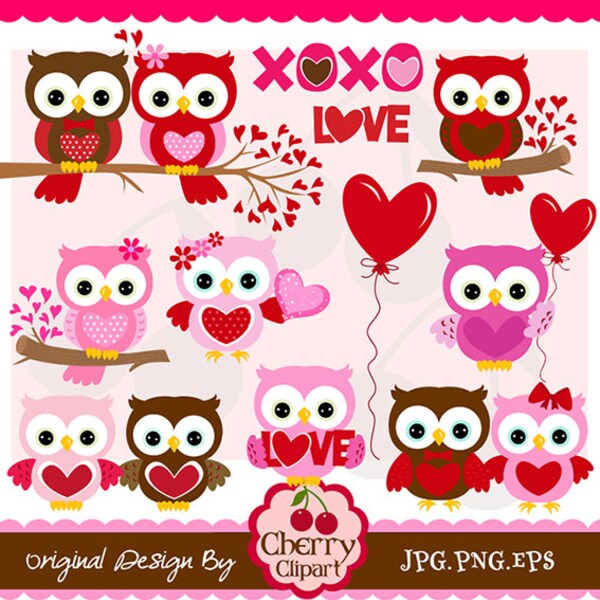 Valentine's Day Sweet Owls digital clipart set-Personal and Commercial Use-paper crafts,card making,scrapbooking,web design