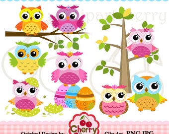 Easter Cute Owls Digital Clipart Set for-Personal and Commercial Use-Card Design, Scrapbooking, and Web Design