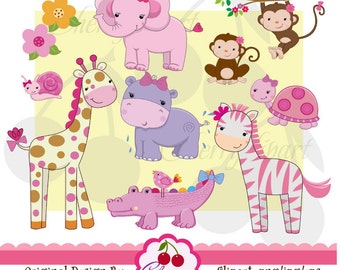 Pretty Pink Girly Jungle Animals Digital Clipart Set for -Personal and Commercial Use-paper crafts,card making,scrapbooking,web design