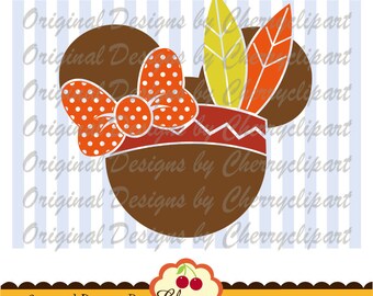 May include: A brown Mickey Mouse head silhouette with a red and white polka dot bow, a red headband with a zigzag pattern, and three yellow and orange feathers on top.