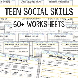May include: A set of printable worksheets for teenagers, designed to improve social skills. The image displays multiple pages with headings such as "Teen Social Skills," "Friendship Red Flags," and "Self-Awareness Check-In." The worksheets aim to assist teens in social interactions.