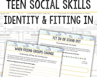 Teen Social Skills Printable Worksheets Identity SEL Worksheets for Middle School Counselor, Tween Social Emotional Learning Fitting In