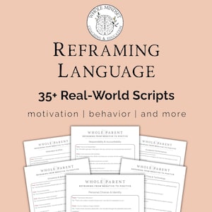 Peut inclure: Une image de couleur pêche avec le texte "REFRAMING LANGUAGE" et "35+ Real-World Scripts." L'image comprend le logo Whole Mindset Coaching & Education et plusieurs feuilles avec des scripts pour la motivation, le comportement, et plus encore.