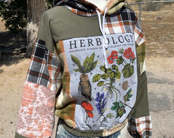 Upcycled Herbology Hoodie, Handmade Patchwork Outdoor Mushroom Bee Fleece Sweatshirt | Gray Green Plaid