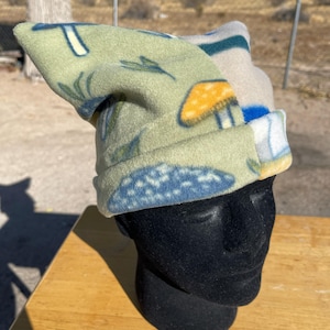Handmade Reversible Beanie | Cute Upcycled Fleece Hat | Green Frog Mushroom Print